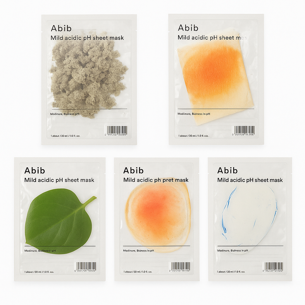 Set de 5 Mascarillas Abib Mild Acidic pH – Equilibrio, Calma y Hidratación para Todo Tipo de Piel | Aura Coreana